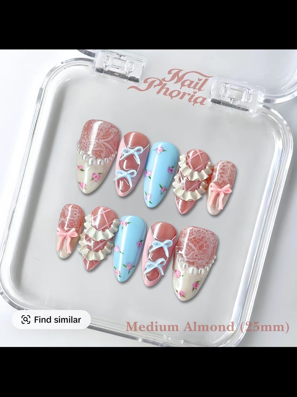 Nailphoria Coquette muse Hand-Painted Almond Nail Set in Blush Pink & Baby Blue